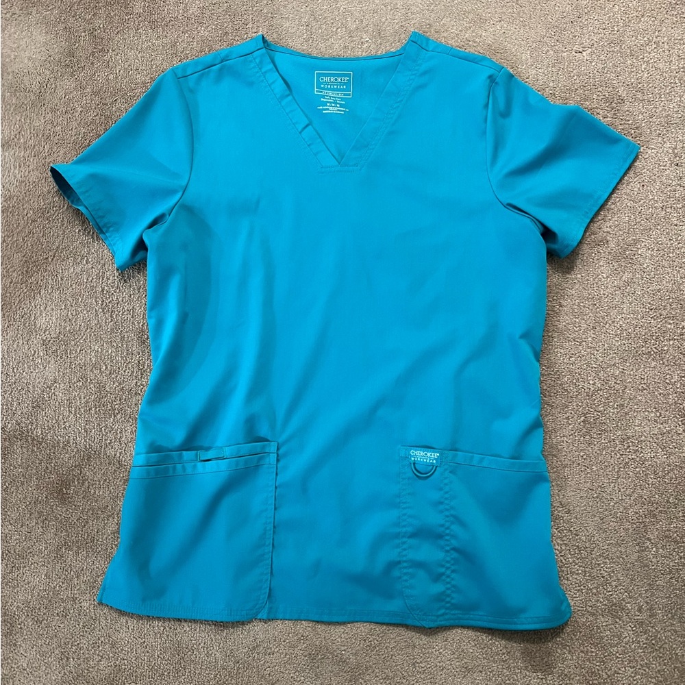 Cherokee Workwear Women's V-Neck Solid Teal Scrub Top (Size Medium)